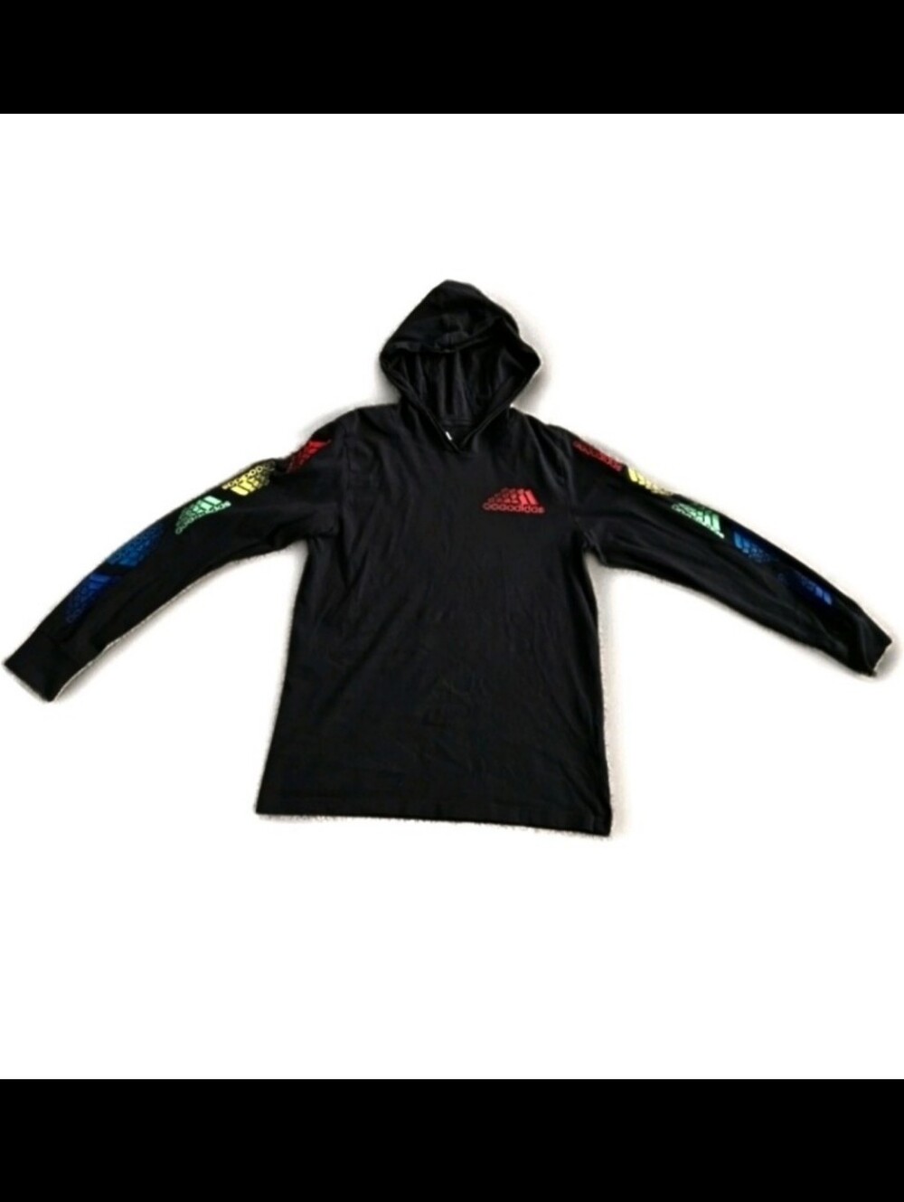 Adidas Boys Black Rainbow Multi Logo Long Sleeve Hooded Shirt Size Medium